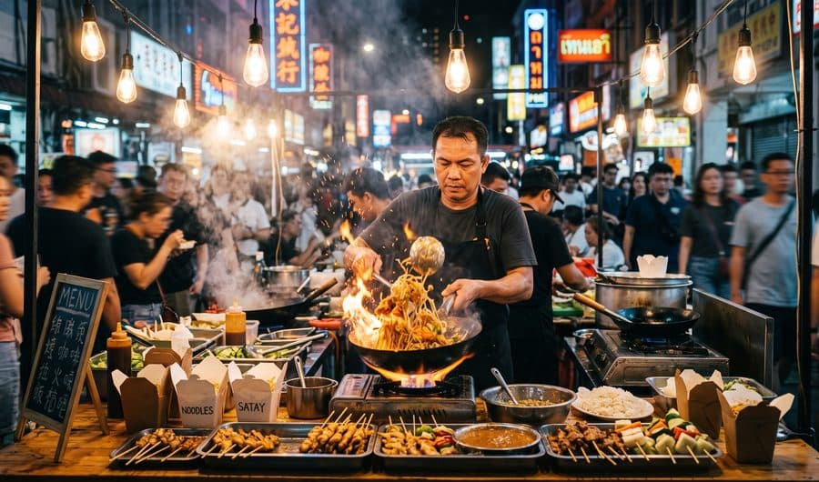 A night market cook tossing a flaming wok amid steam and neon